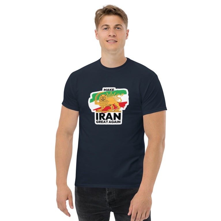 Make Iran Great Again Unisex classic Tshirt featuring a lion design on a white background. Make Iran Great Again Unisex classic Tshirt featuring a lion design on a Navy.