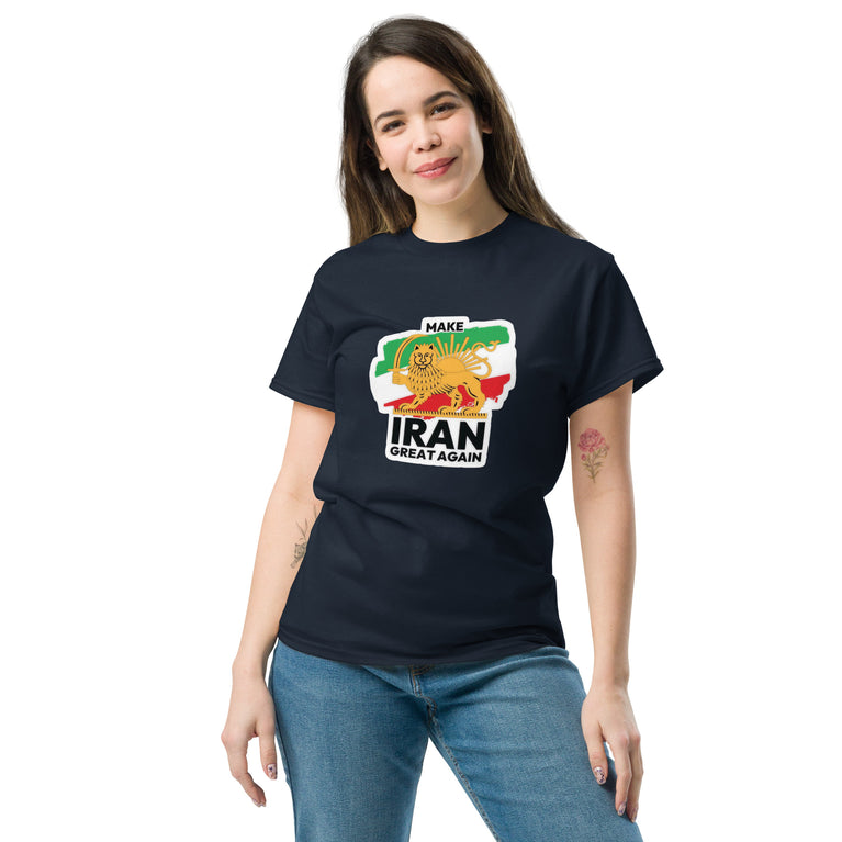 Make Iran Great Again Unisex classic Tshirt featuring a lion design on a white background. Make Iran Great Again Unisex classic Tshirt featuring a lion design on a Navy.