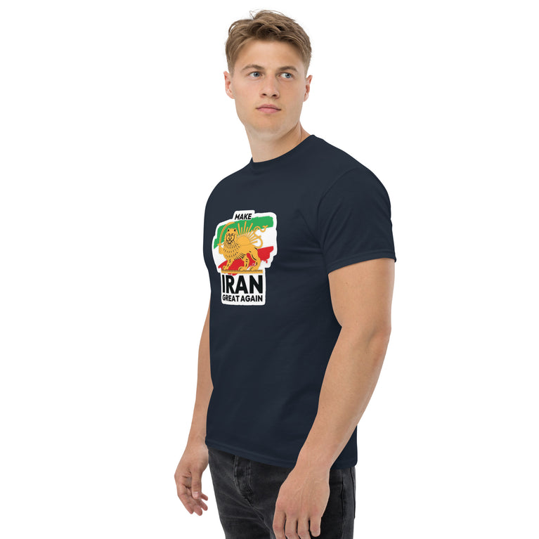 Make Iran Great Again Unisex classic Tshirt featuring a lion design on a white background. Make Iran Great Again Unisex classic Tshirt featuring a lion design on a Navy.