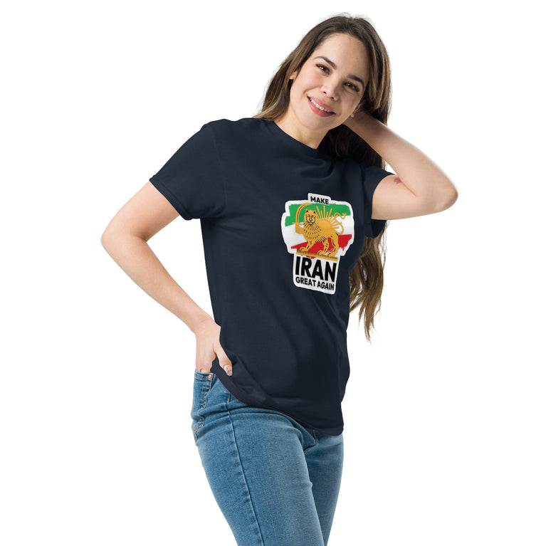 Make Iran Great Again Unisex classic Tshirt featuring a lion design on a white background. Make Iran Great Again Unisex classic Tshirt featuring a lion design on a Navy.