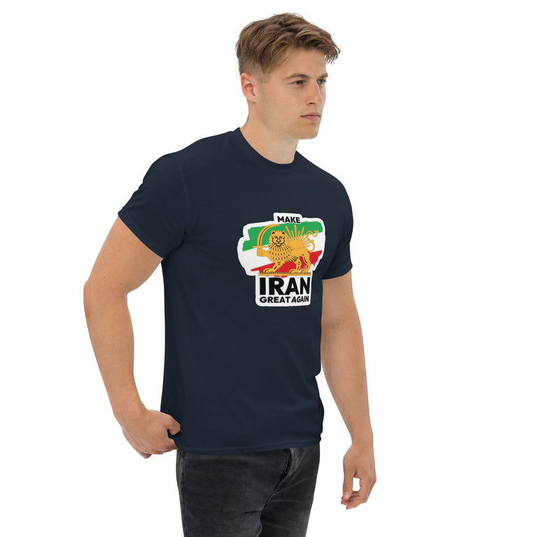 Make Iran Great Again Unisex classic Tshirt featuring a lion design on a white background. Make Iran Great Again Unisex classic Tshirt featuring a lion design on a Navy.