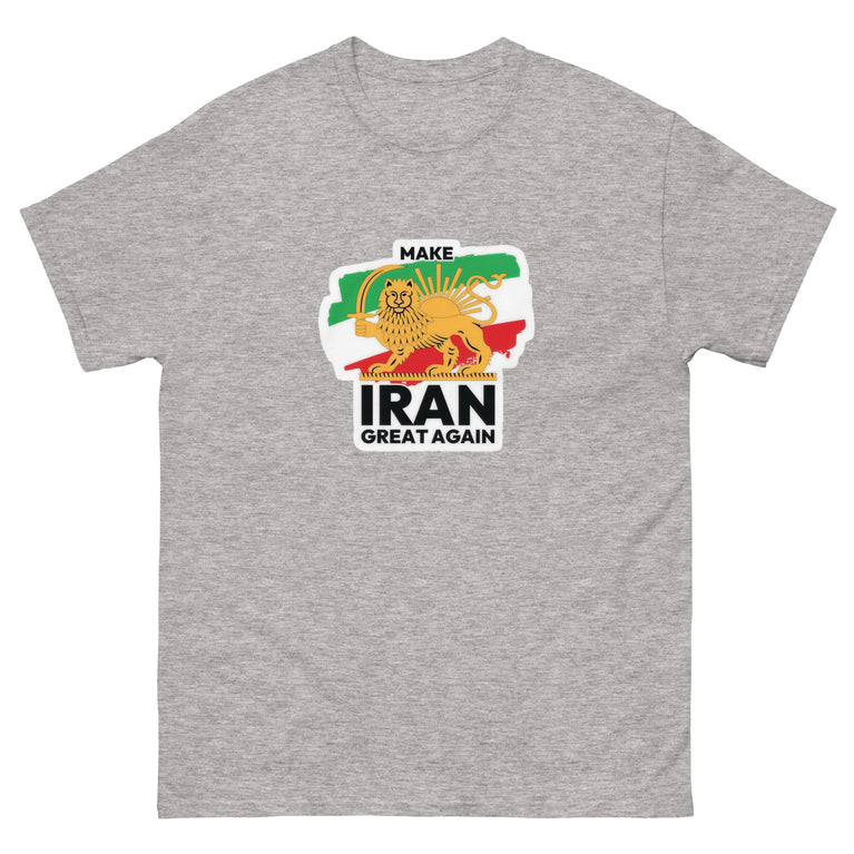 Make Iran Great Again Unisex classic Tshirt featuring a lion design on a white background. Make Iran Great Again Unisex classic Tshirt featuring a lion design on a Gray.