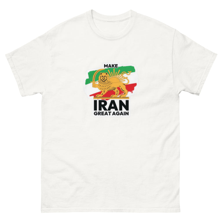 Make Iran Great Again Unisex classic Tshirt featuring a lion design on a white background. Make Iran Great Again Unisex classic Tshirt featuring a lion design on a white.