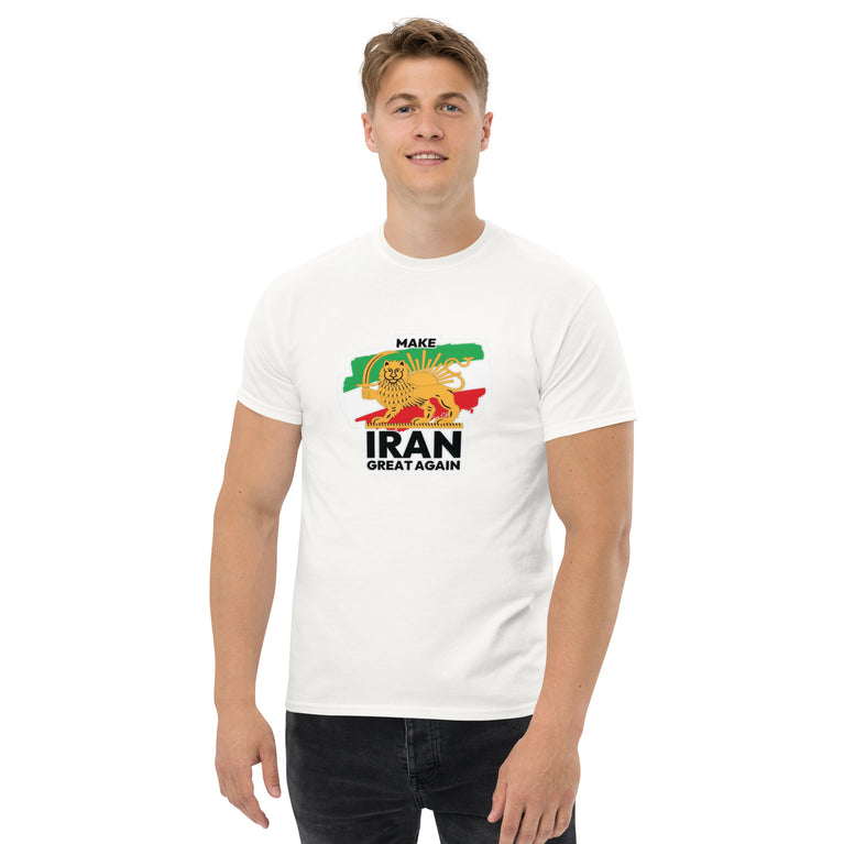 Make Iran Great Again Unisex classic Tshirt featuring a lion design on a white background. Make Iran Great Again Unisex classic Tshirt featuring a lion design on a white.