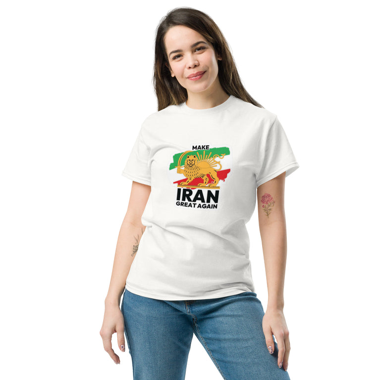Make Iran Great Again Unisex classic Tshirt featuring a lion design on a white background. Make Iran Great Again Unisex classic Tshirt featuring a lion design on a white.