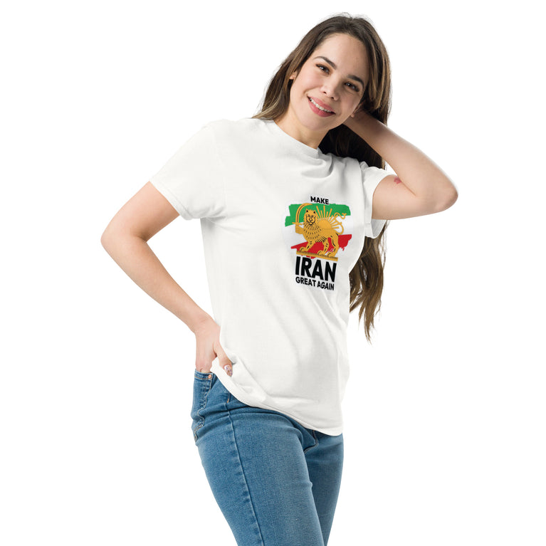 Make Iran Great Again Unisex classic Tshirt featuring a lion design on a white background. Make Iran Great Again Unisex classic Tshirt featuring a lion design on a white.