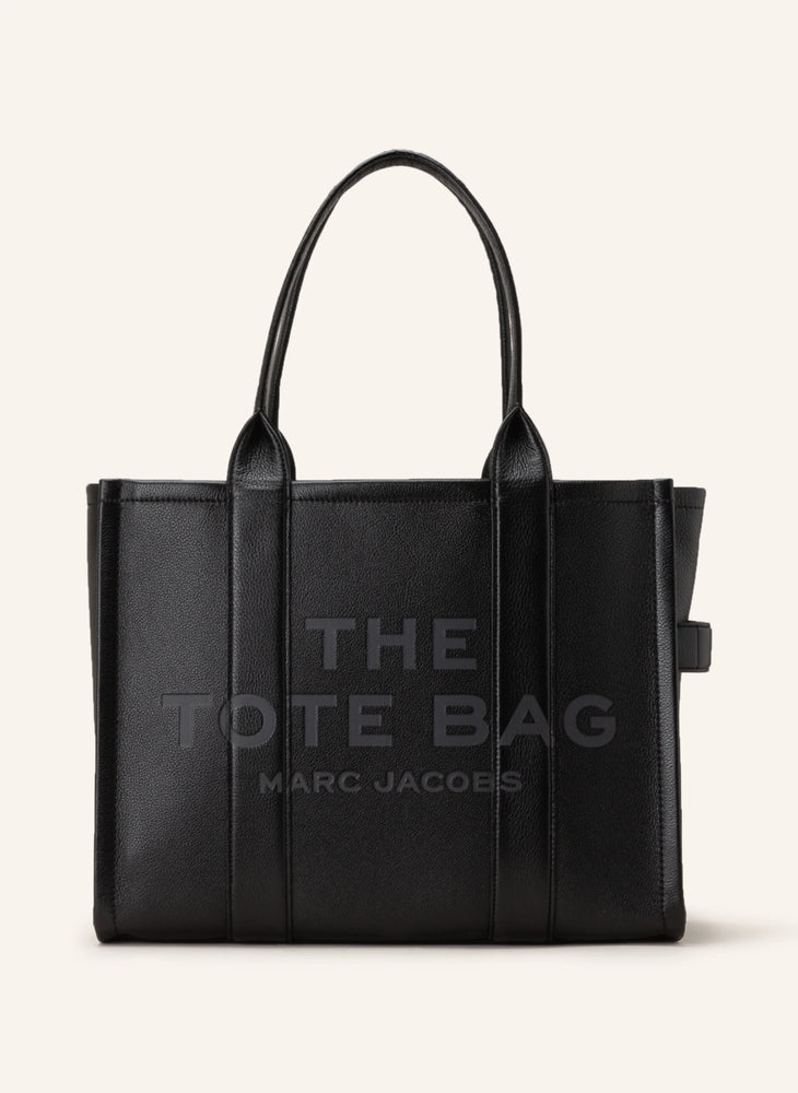Marc Jacobs Shopper Medium Tote Bag Leather Black on a light background, showcasing its elegant design and sleek silhouette.