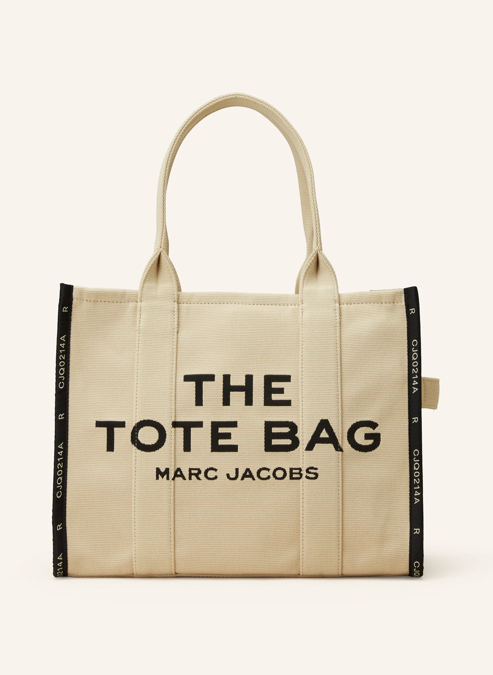 Marc Jacob Canvas Shopper Tote Bag with large black text on a beige canvas background.