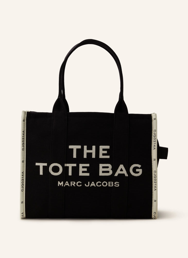 Marc Jacob Canvas Shopper Tote Bag in black with bold white lettering, stylish and practical for everyday use.