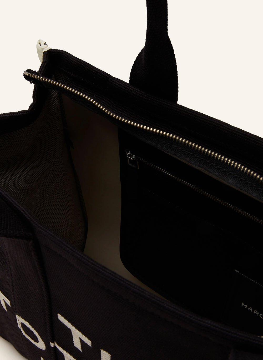 Marc Jacob Canvas Shopper Tote Bag in black with bold white lettering, stylish and practical for everyday use.