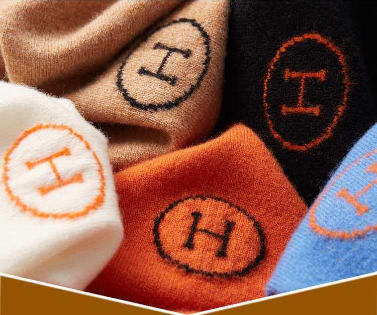 Hermes Men's Cashmere Knitwear Luxury Warm Sweater in varying colors showcasing the iconic H logo.