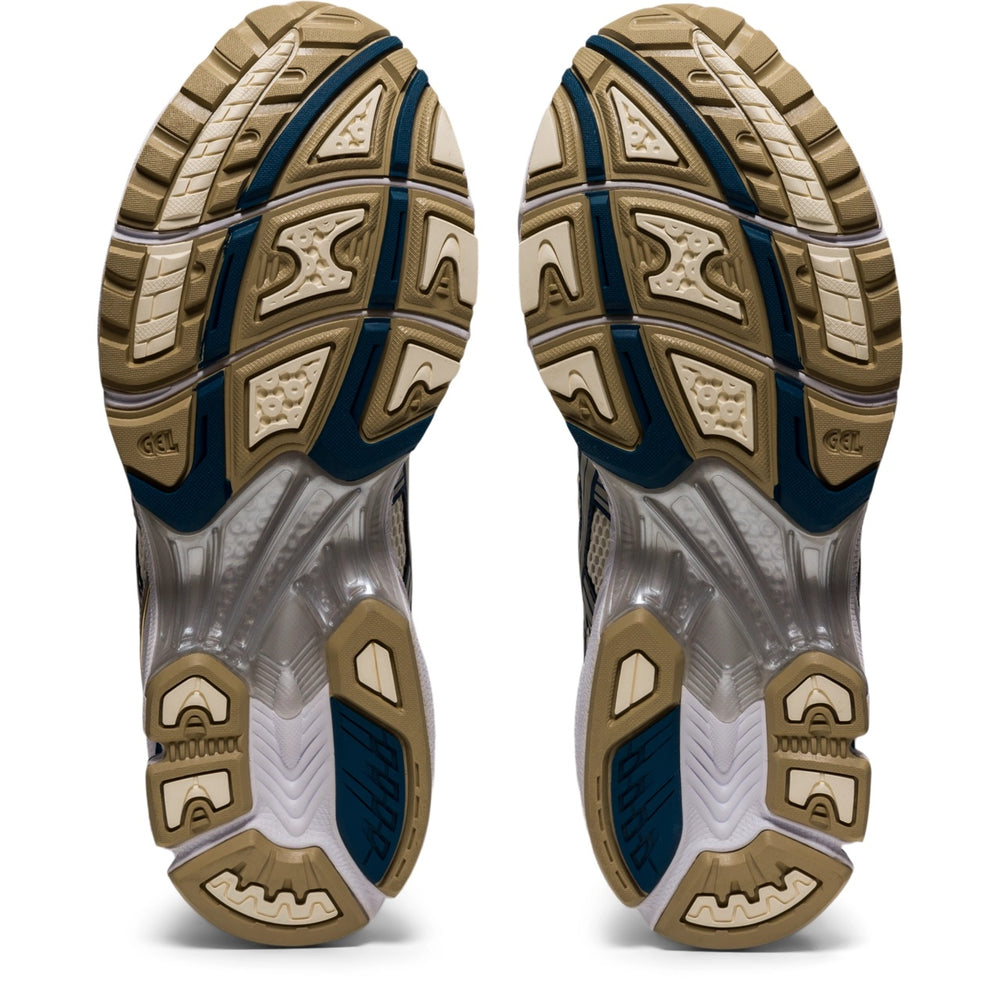 Asics Gel Kayano 14 Unisex Cream Pure Silver running shoes with silver and cream color scheme.