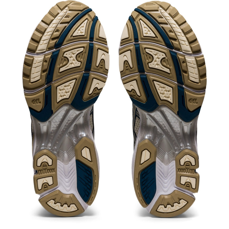 Asics Gel Kayano 14 Unisex Cream Pure Silver running shoes with silver and cream color scheme.