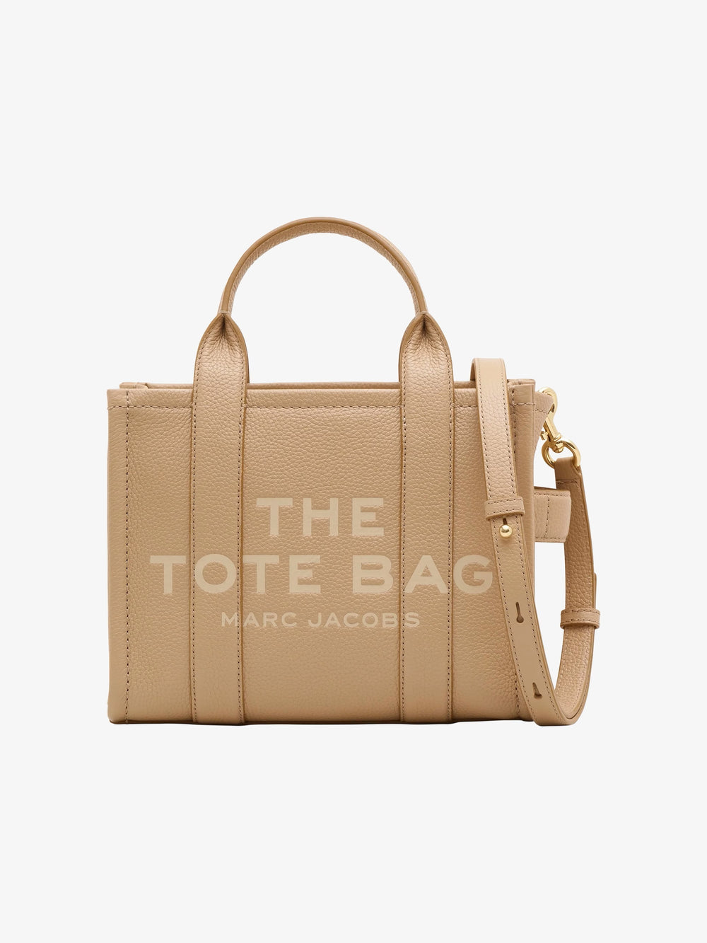 Marc Jacobs Shopper Tote Bag Leather Camel in beige with detachable strap and iconic logo.