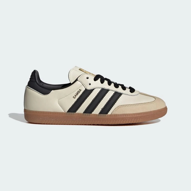 Adidas SAMBA OG Cream White Sneaker featuring a cream leather upper and black stripes on a gum sole.