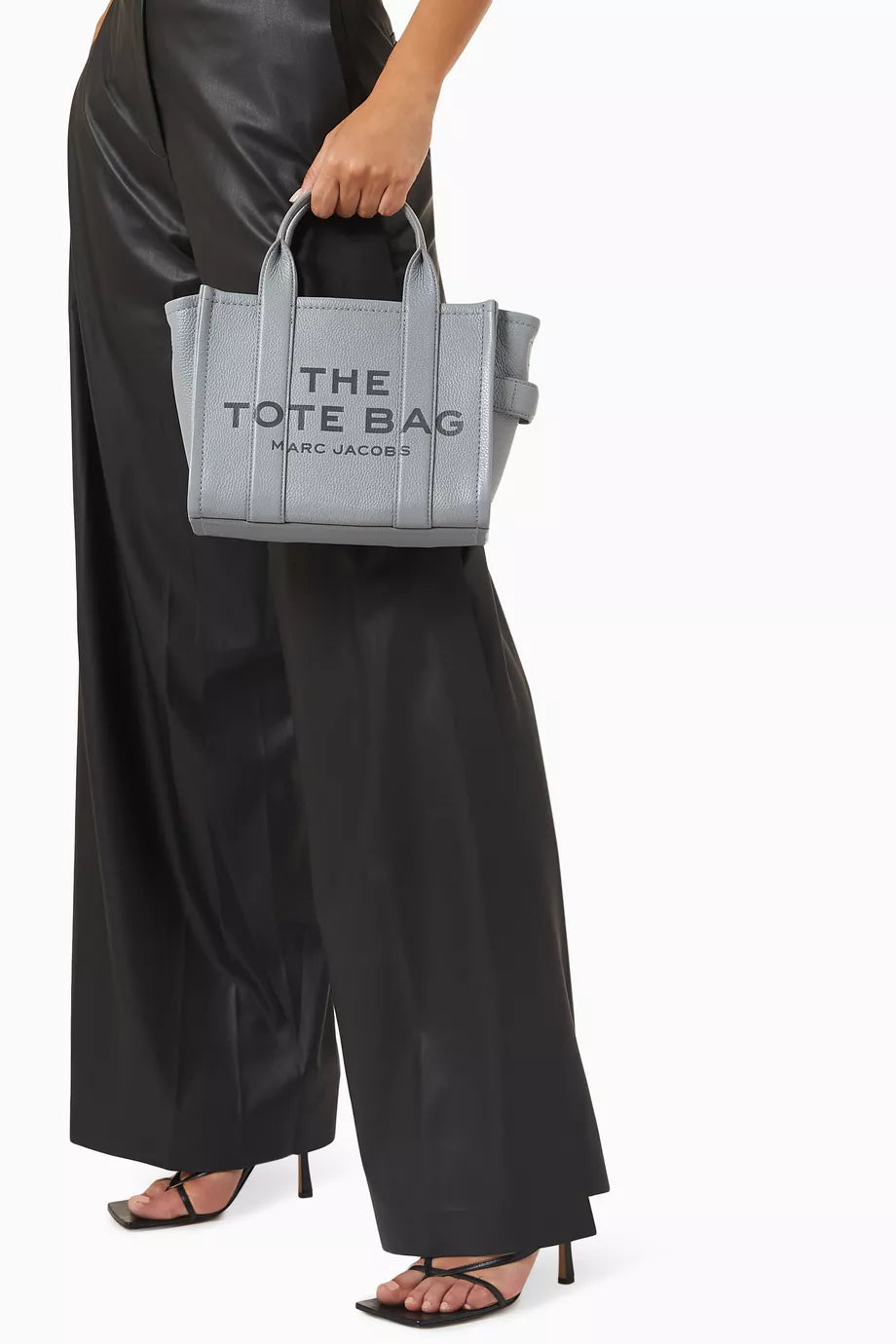 Marc Jacobs Shopper Tote Bag Leather Gray with logo and adjustable strap, stylish everyday accessory.