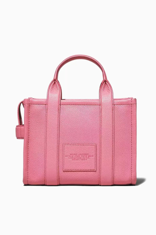 Marc Jacobs Shopper Tote Bag Leather Pink Rosa displayed against a white background, highlighting its chic design.