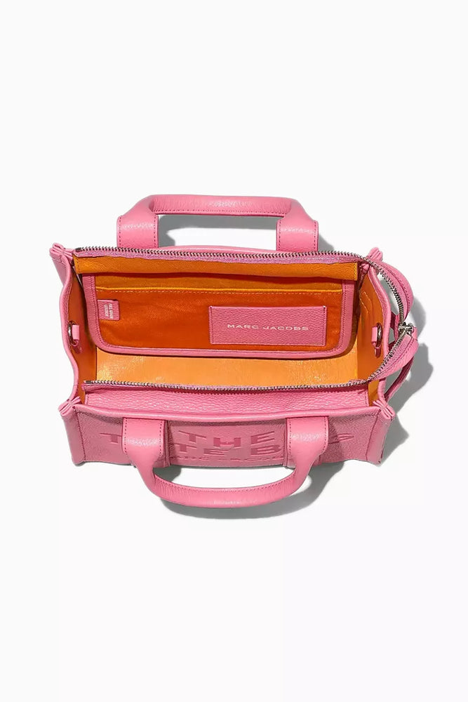 Marc Jacobs Shopper Medium Tote Bag Leather Pink Rosa displayed against a white background, highlighting its chic design.