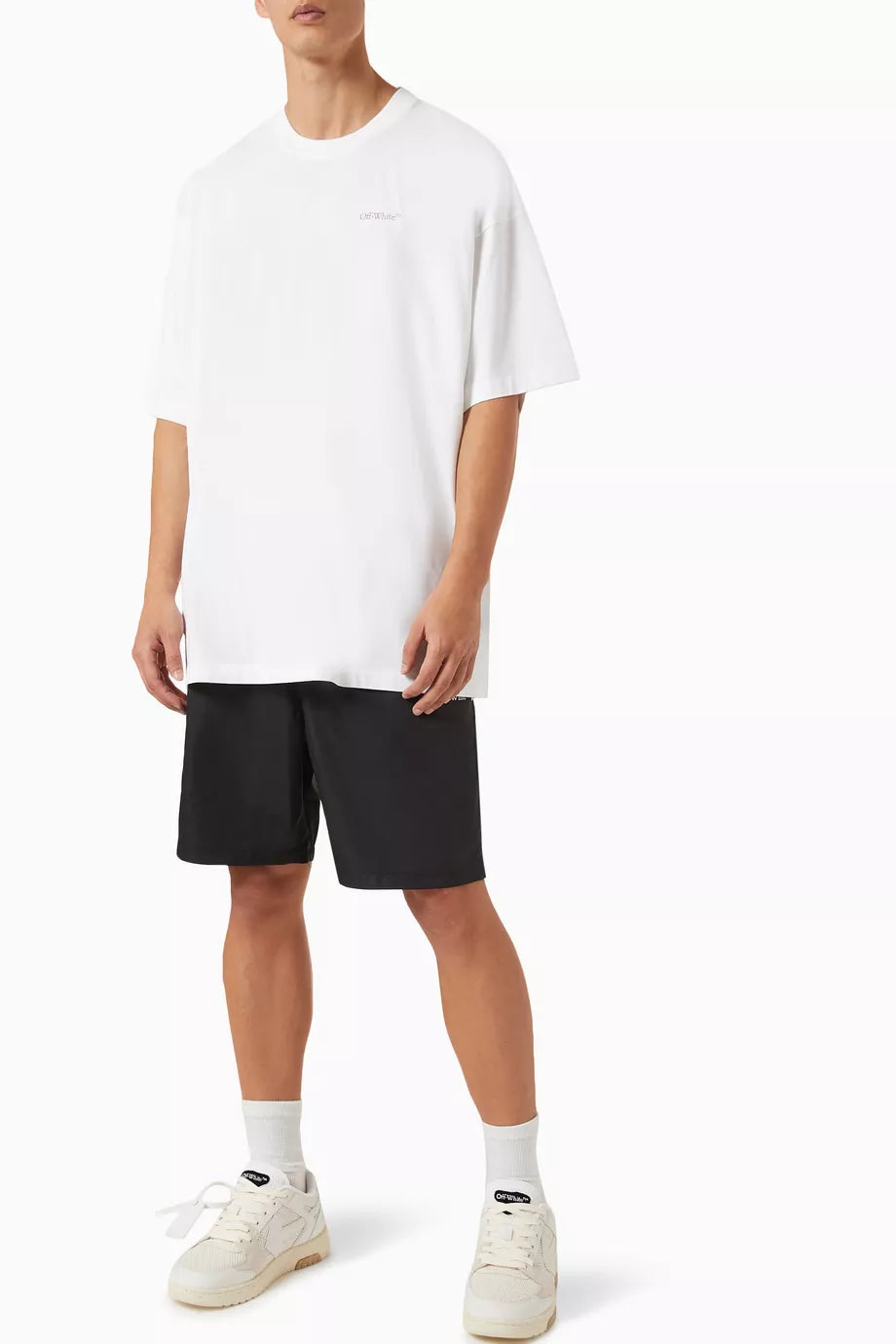 Off White Moon Cam Arrow Tshirt featuring a bold red graphic on a black backg