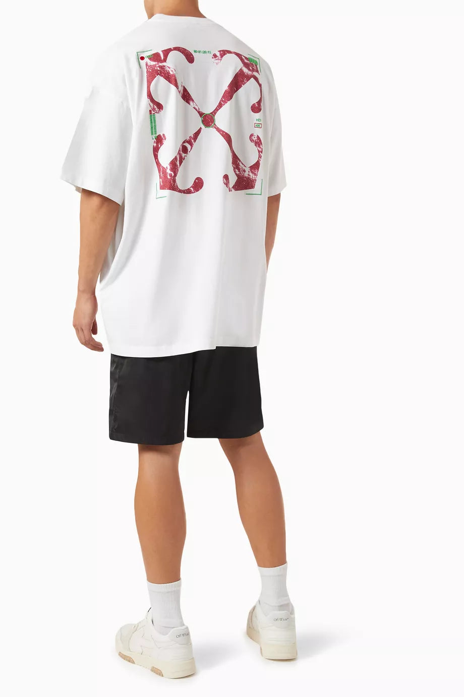 Off White Moon Cam Arrow Tshirt featuring a bold red graphic on a black backg