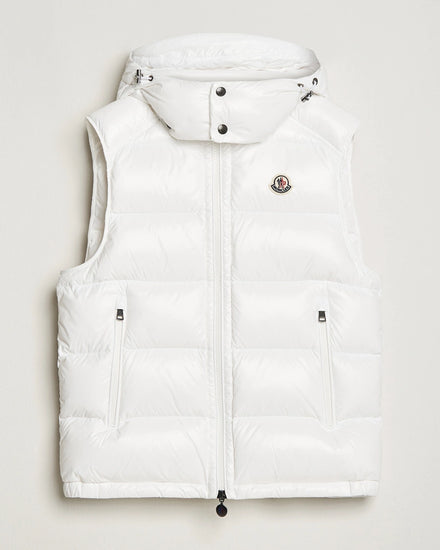 Women/ men White puffer vest with brand logo. Moncler unisex Bormes down vest jacket