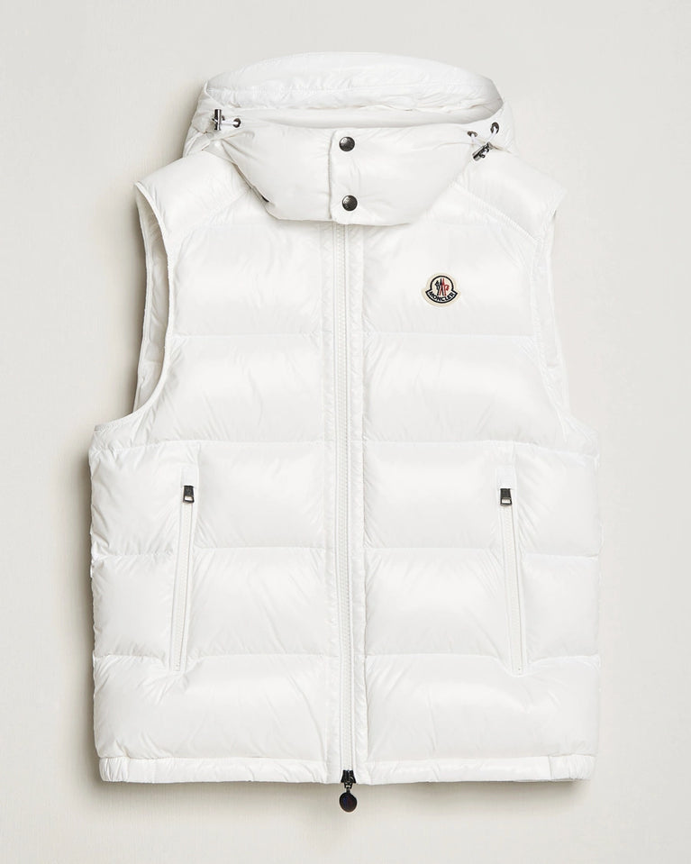 Women/ men White puffer vest with brand logo. Moncler unisex Bormes down vest jacket