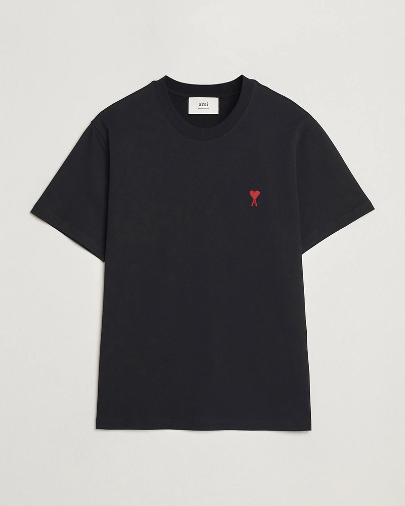AMI Paris Heart Logo Men Tshirt in black with red heart logo design.