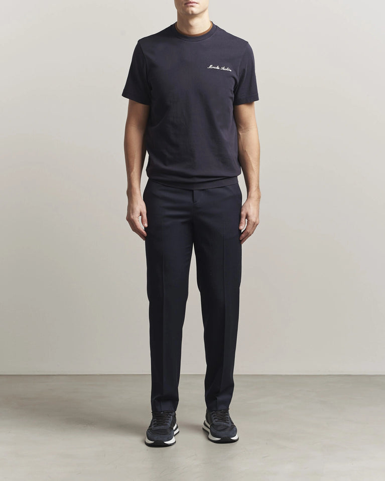 Moncler Men Signature Logo Tshirt displayed in Navy, featuring logo detail and contrasting neckline.