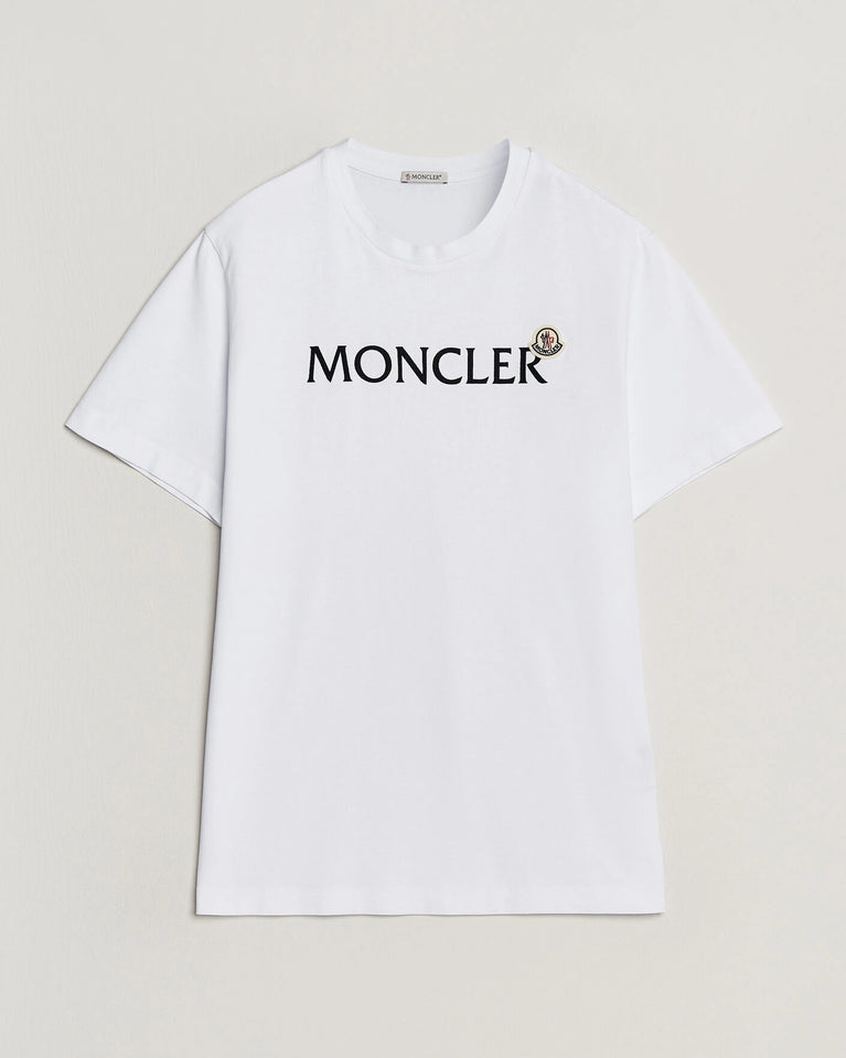 Moncler Men Lettering Logo Tshirt in white featuring a bold logo