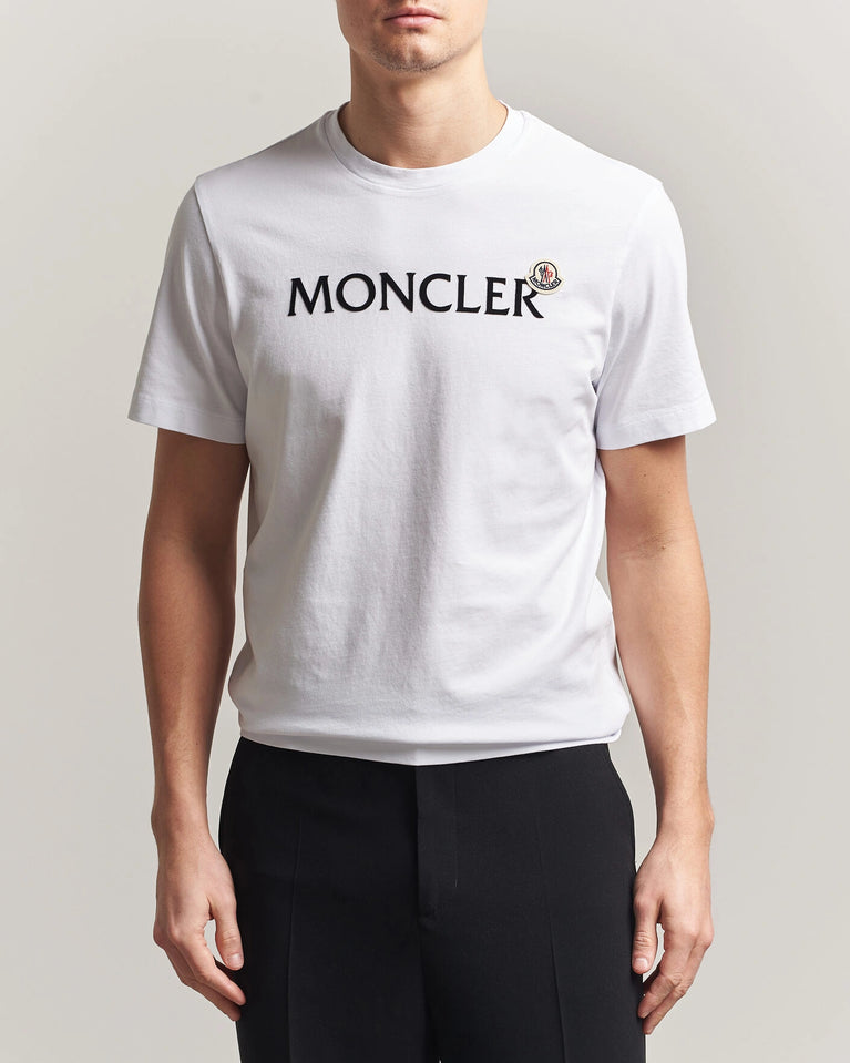 Moncler Men Lettering Logo Tshirt in white featuring a bold logo