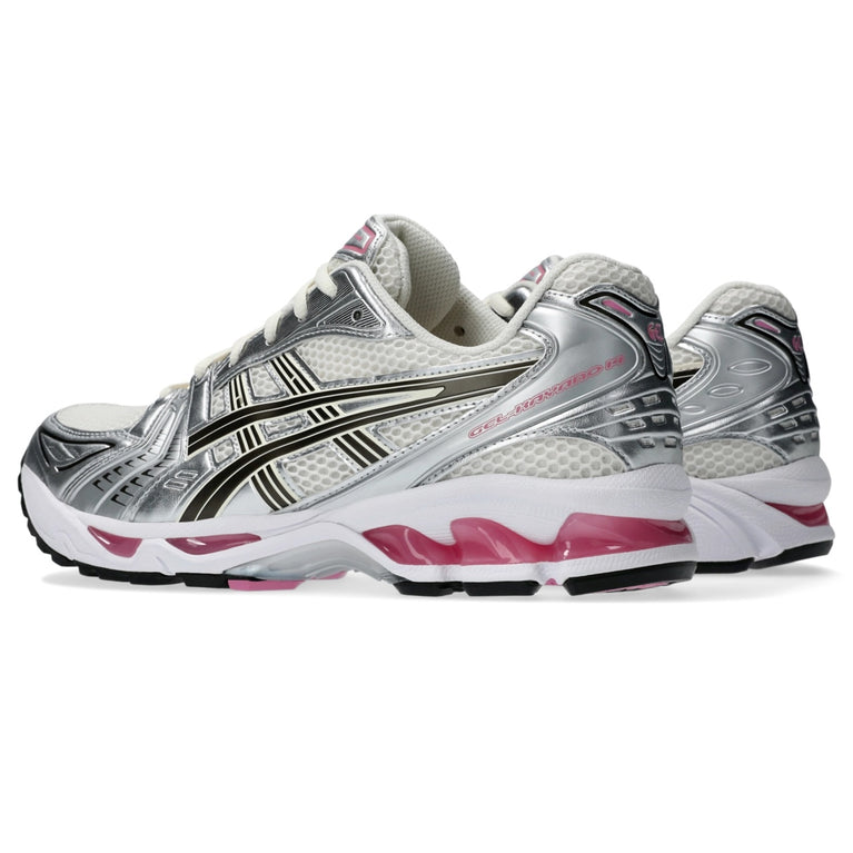 Asics Gel Kayano 14 Sweet Pink running shoes in silver and black with pink accents available for sale. Asics Gel Kayano 14 Sweet Pink running shoes in silver and black with pink accents available for sale.