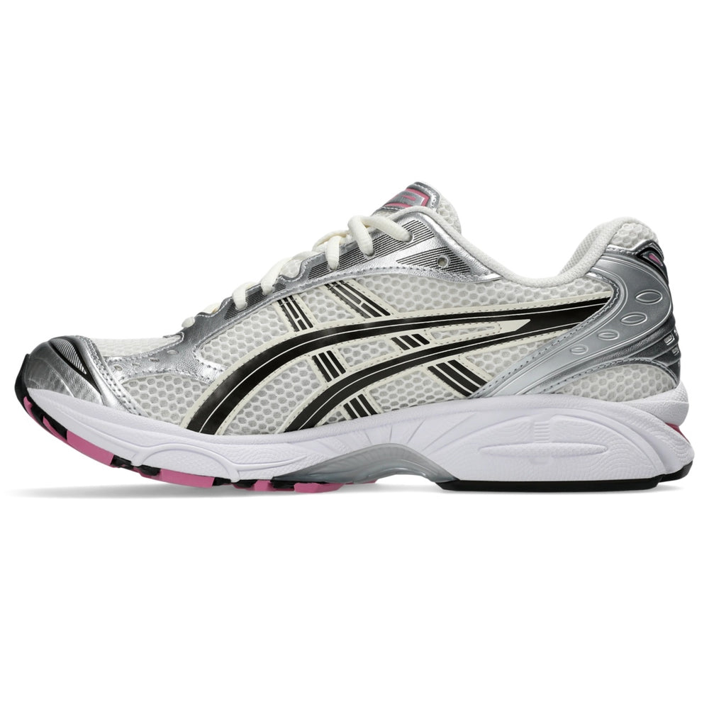 Asics Gel Kayano 14 Sweet Pink running shoes in silver and black with pink accents available for sale. Asics Gel Kayano 14 Sweet Pink running shoes in silver and black with pink accents available for sale.