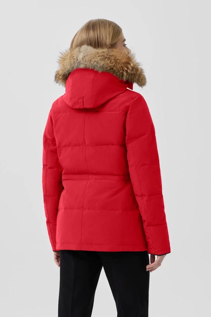 Red puffer jacket with fur, Canada Goose Chelsea Parka Women's Down Winter Jacket at Volonka store.