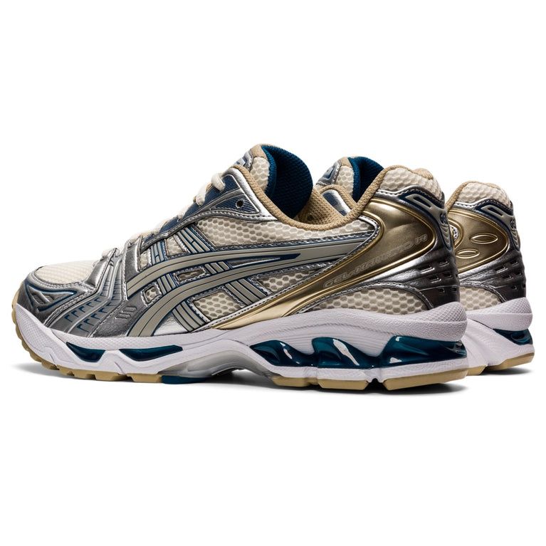 Asics Gel Kayano 14 Unisex Cream Pure Silver running shoes with silver and cream color scheme.