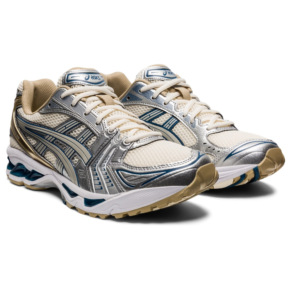 Asics Gel Kayano 14 Unisex Cream Pure Silver running shoes with silver and cream color scheme.