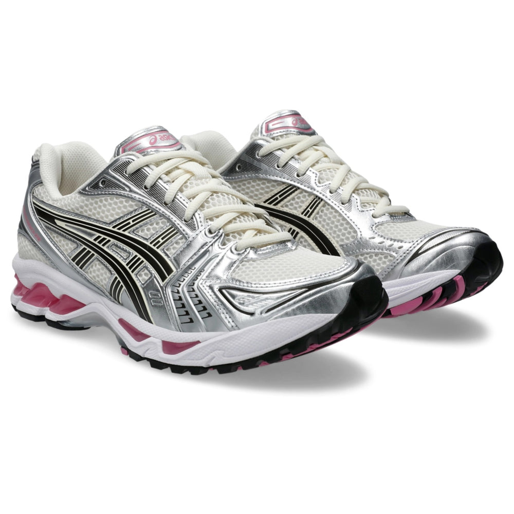 Asics Gel Kayano 14 Sweet Pink running shoes in silver and black with pink accents available for sale.