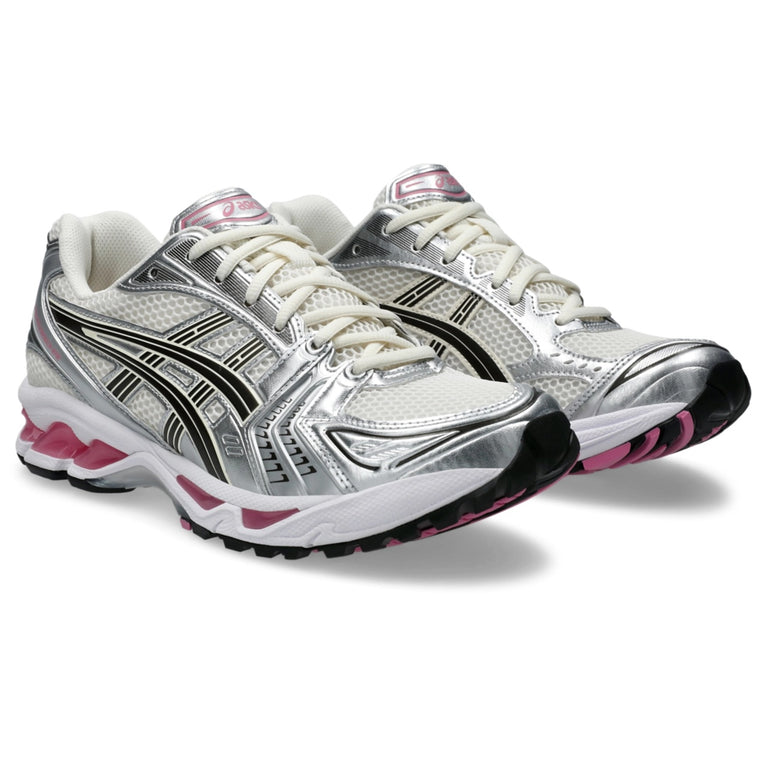 Asics Gel Kayano 14 Sweet Pink running shoes in silver and black with pink accents available for sale.