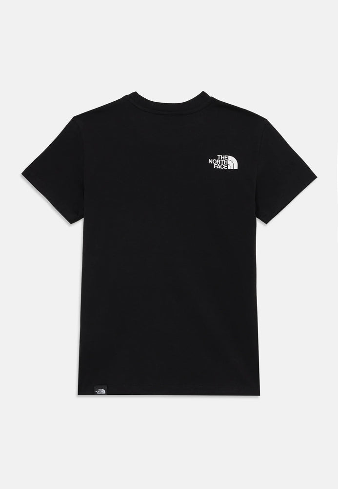 Black t-shirt with a logo on the chest against a white background