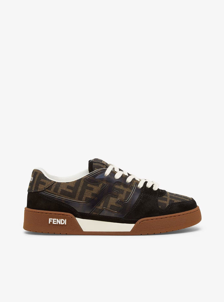 Fendi Sneaker Match Leather Black showcasing stylish design with patterned upper and brown sole.