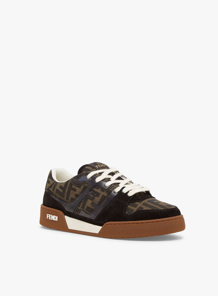 Fendi Sneaker Match Leather Black showcasing stylish design with patterned upper and brown sole.