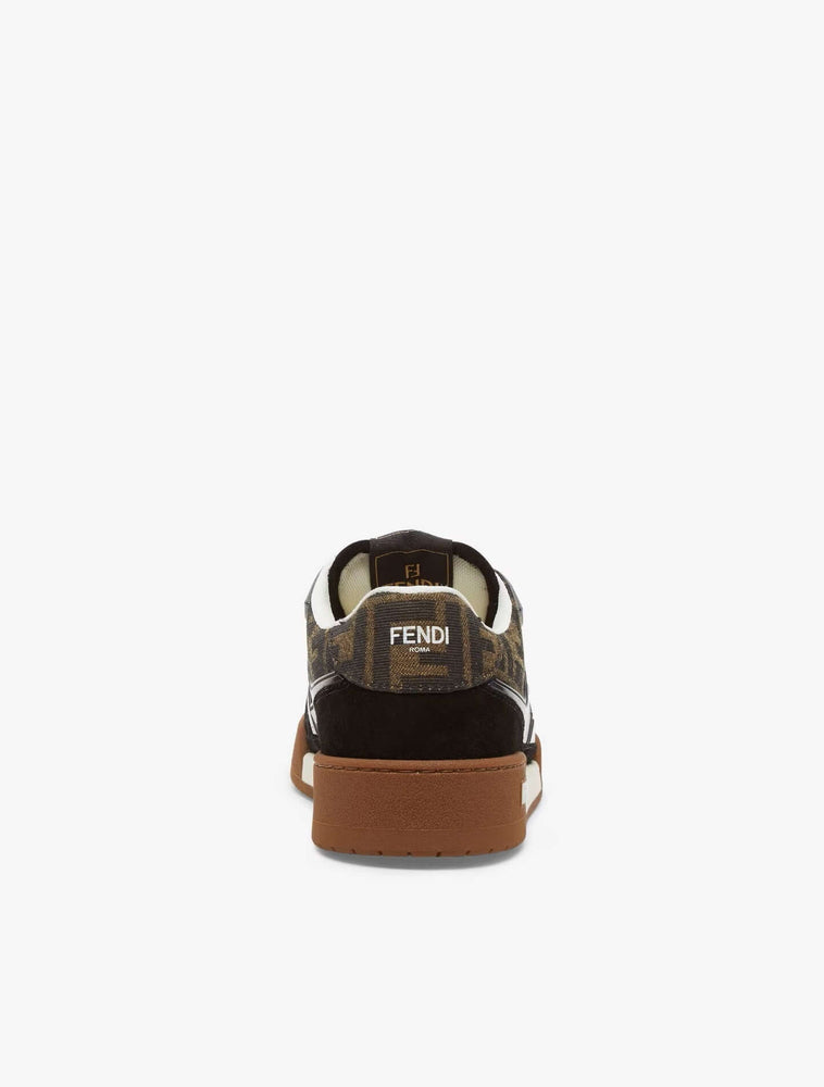 Fendi Sneaker Match Leather Black showcasing stylish design with patterned upper and brown sole.