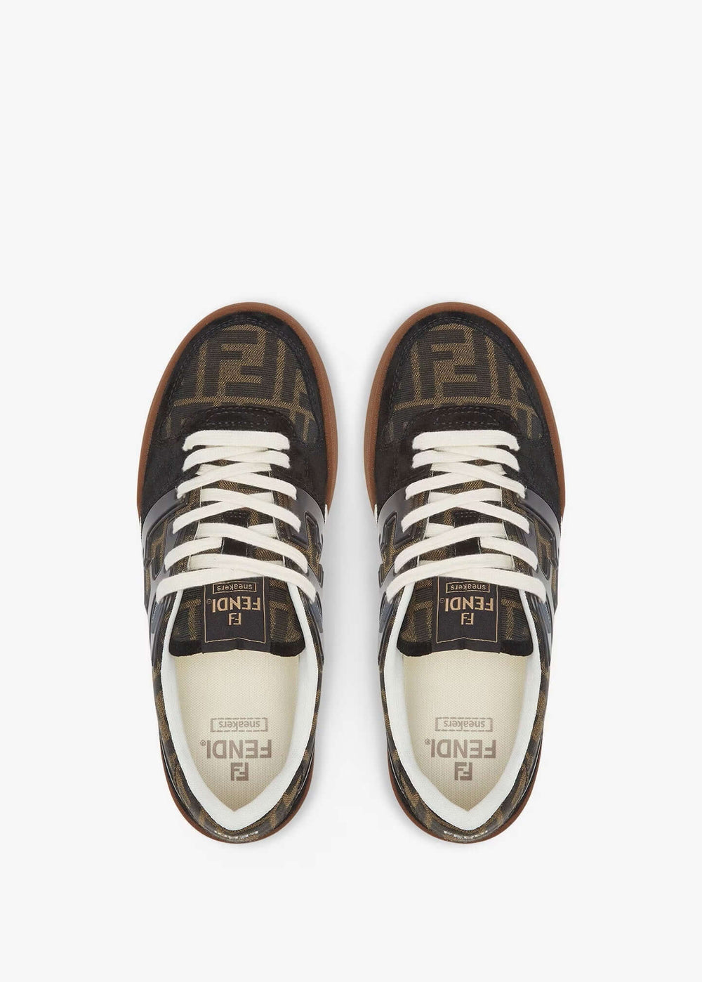 Fendi Sneaker Match Leather Black showcasing stylish design with patterned upper and brown sole.