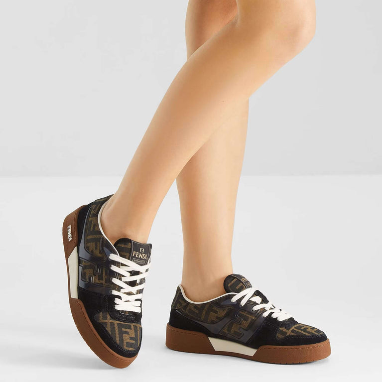Fendi Sneaker Match Leather Black showcasing stylish design with patterned upper and brown sole.