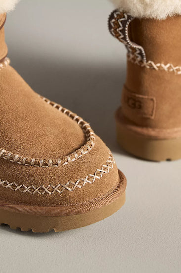 Close-up of brown suede boots. UGG Classic Mini Alpine Women's Winter Snow Boots