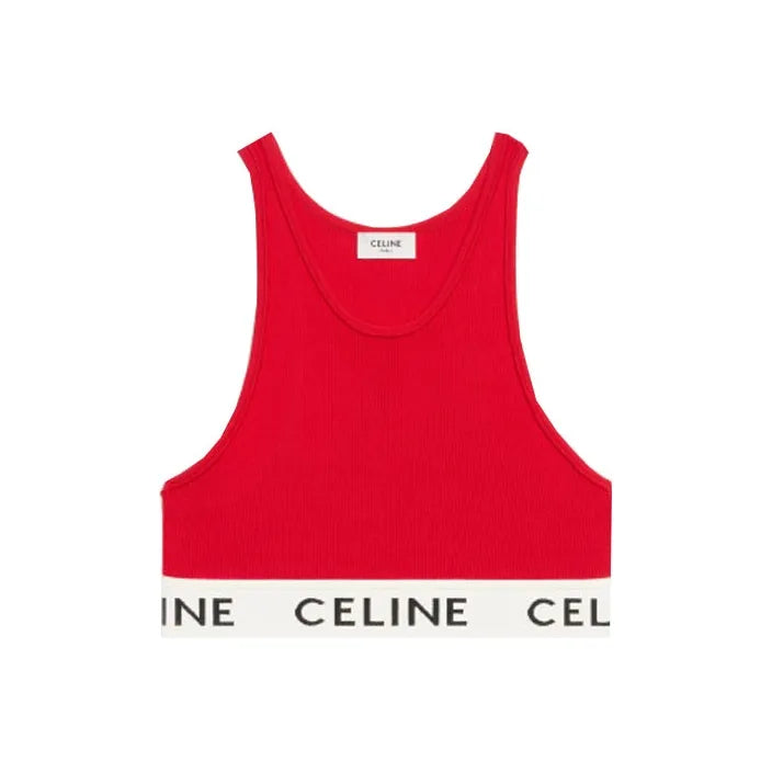 Red tank top with Celine logo on a white background. Celine original Bra In Athletic Knit
