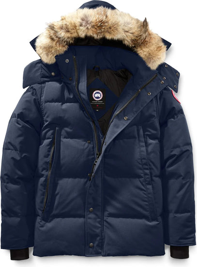 Navy blue winter jacket with fur-lined hood, Canada Goose Wyndham Parka Goose Men's Winter Jacket at Volonka. 