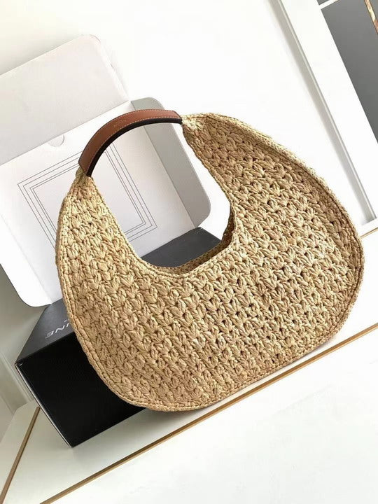 Celine Classic Panier Hobo Bag Raffia & Calfskin Leather