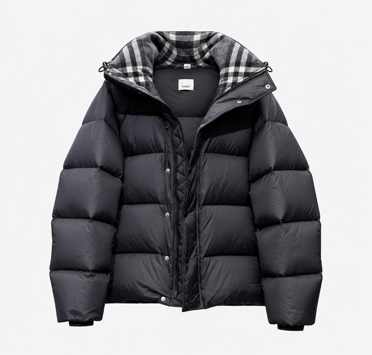 Burberry Puffer Jacket with Plaid Hood Lining