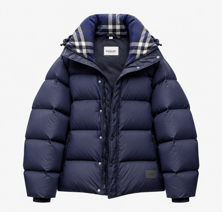 Burberry Puffer Jacket with Plaid Hood Lining