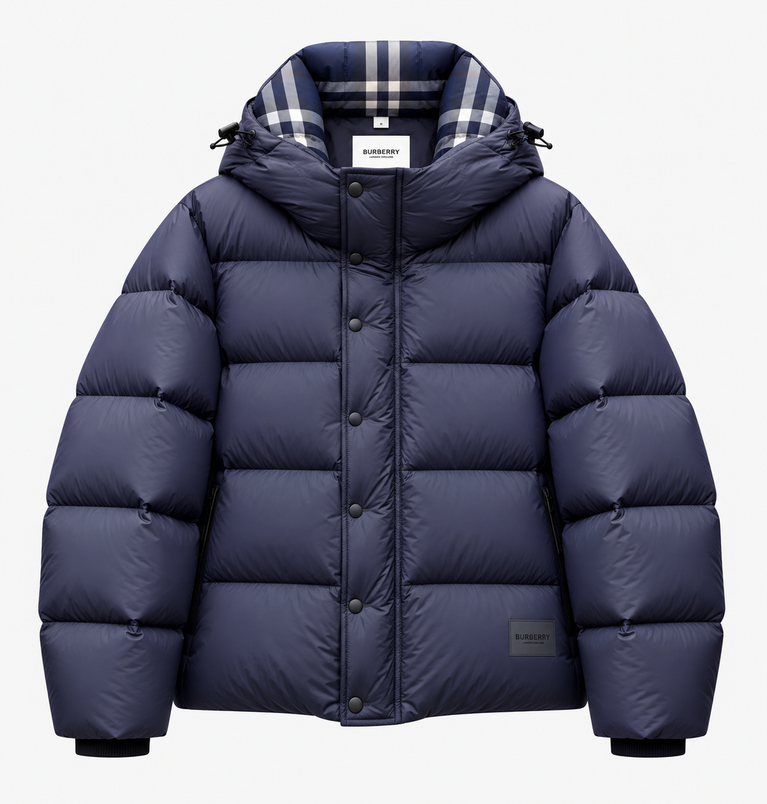 Burberry Puffer Jacket with Plaid Hood Lining